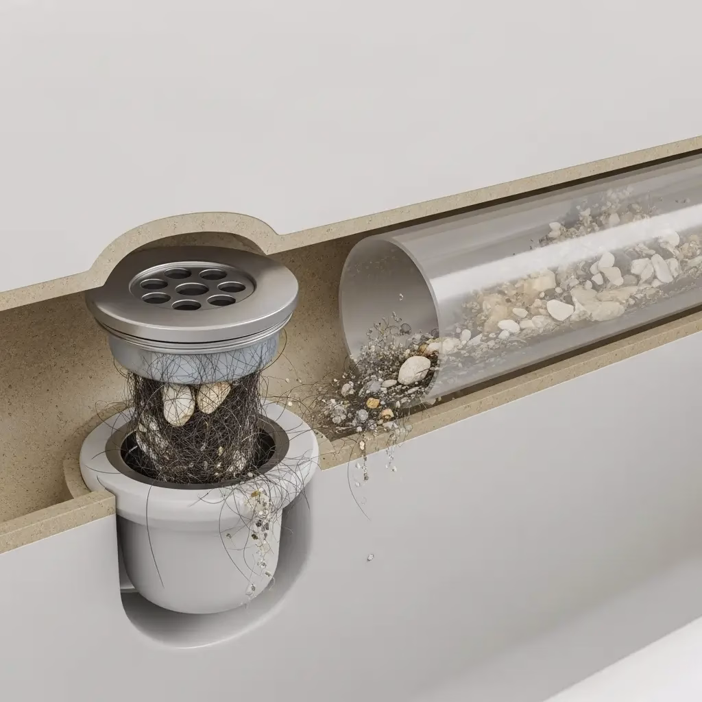 3D cross-section diagram of a plumbing pipe showing a severe clog caused by a mixture of hair, soap residue, and mineral deposits.