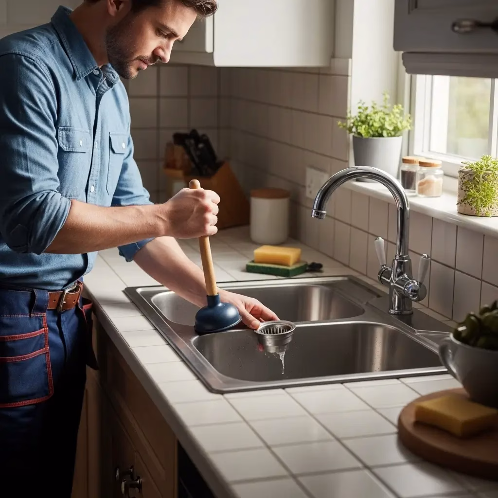 A person using a small plunger on a double-sided kitchen sink to try and clear a common household food debris clog.