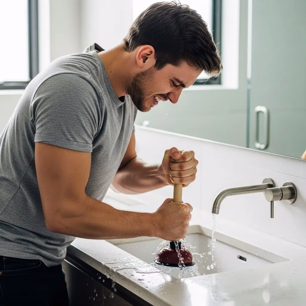 A frustrated man attempting to use a rubber plunger to clear a stubborn clog in a bathroom sink as water splashes.