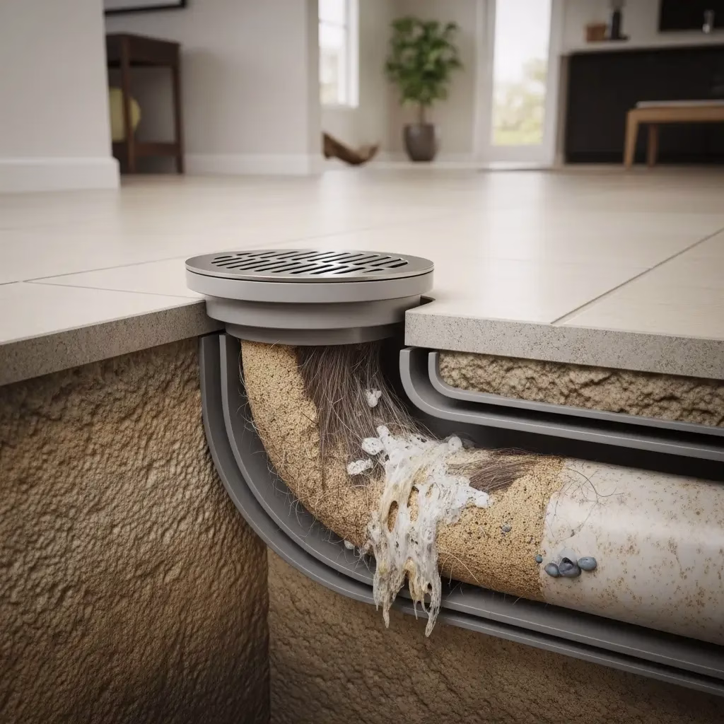 A cross-section diagram showing a floor drain pipe blocked by a thick buildup of hair, soap scum, and organic waste.