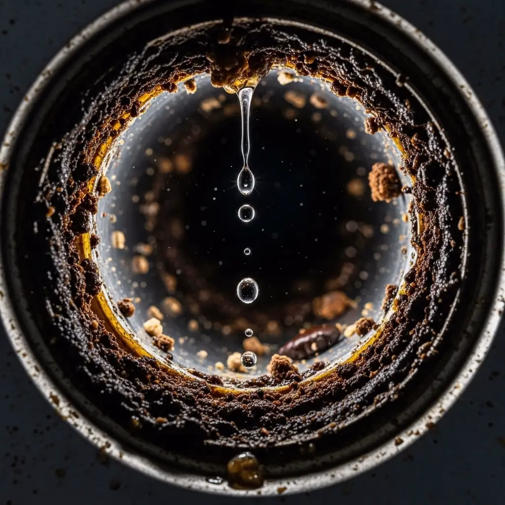 Macro view of a clogged kitchen pipe showing a thick buildup of coffee grounds and organic debris requiring professional cleaning.