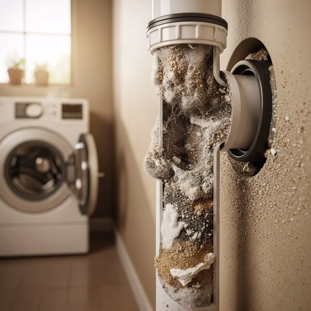A detailed cross-section of a PVC pipe showing a severe blockage caused by the accumulation of lint, hair, and solidified soap scum from a washing machine.