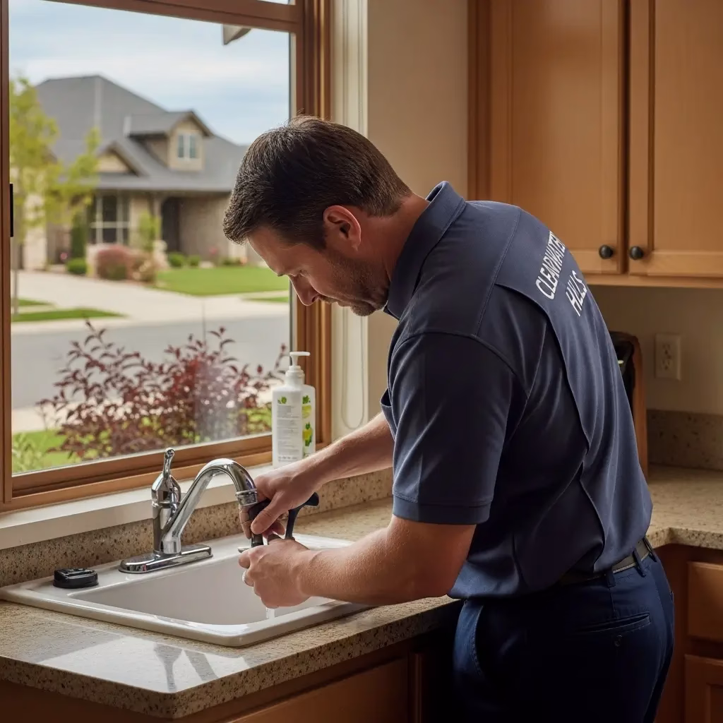 plumber wearing a company uniform labeled Clearwater Hills focused on repairing a kitchen sink faucet near a window.