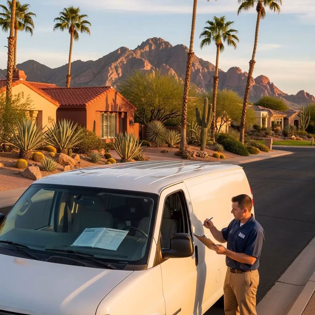 Local service technician writing on a clipboard next to a white service van with desert mountains and palm trees in the background.