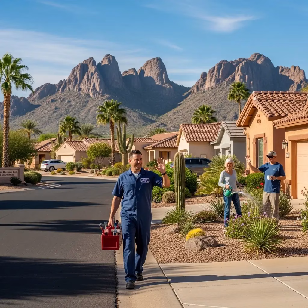 local service technician carrying a red toolbox waving to residents in a Mummy Mountain Park neighborhood with desert landscaping and mountain views.