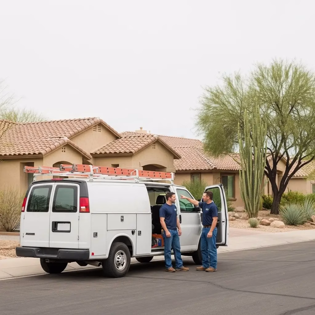 Service van parked on a Tatum Canyon street with two technicians discussing a job in front of desert-style homes and cacti.