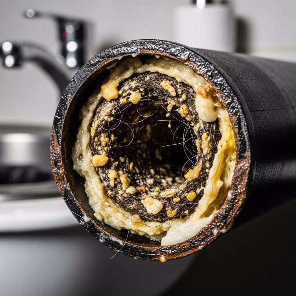 A detailed close-up of a clogged sewer pipe showing a heavy accumulation of grease, hair, and organic debris restricting water flow.