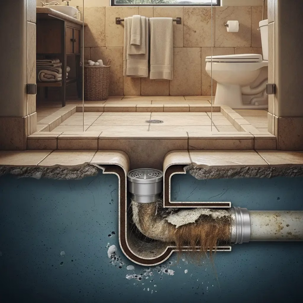 detailed 3D cross-section diagram of a bathroom floor showing a shower drain pipe heavily clogged with a thick mass of hair and soap scum.
