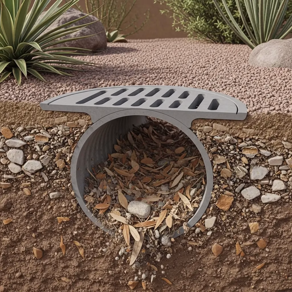 A cross-section illustration of a buried drainage pipe showing a heavy accumulation of desert leaves, silt, and rocks causing a significant clog.