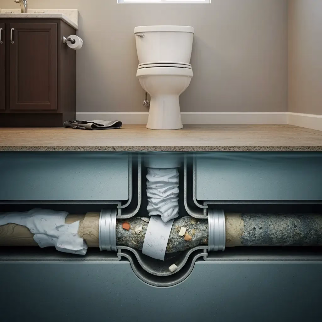Cross-section diagram of a toilet plumbing system showing a severe pipe blockage caused by accumulated toilet paper and debris.